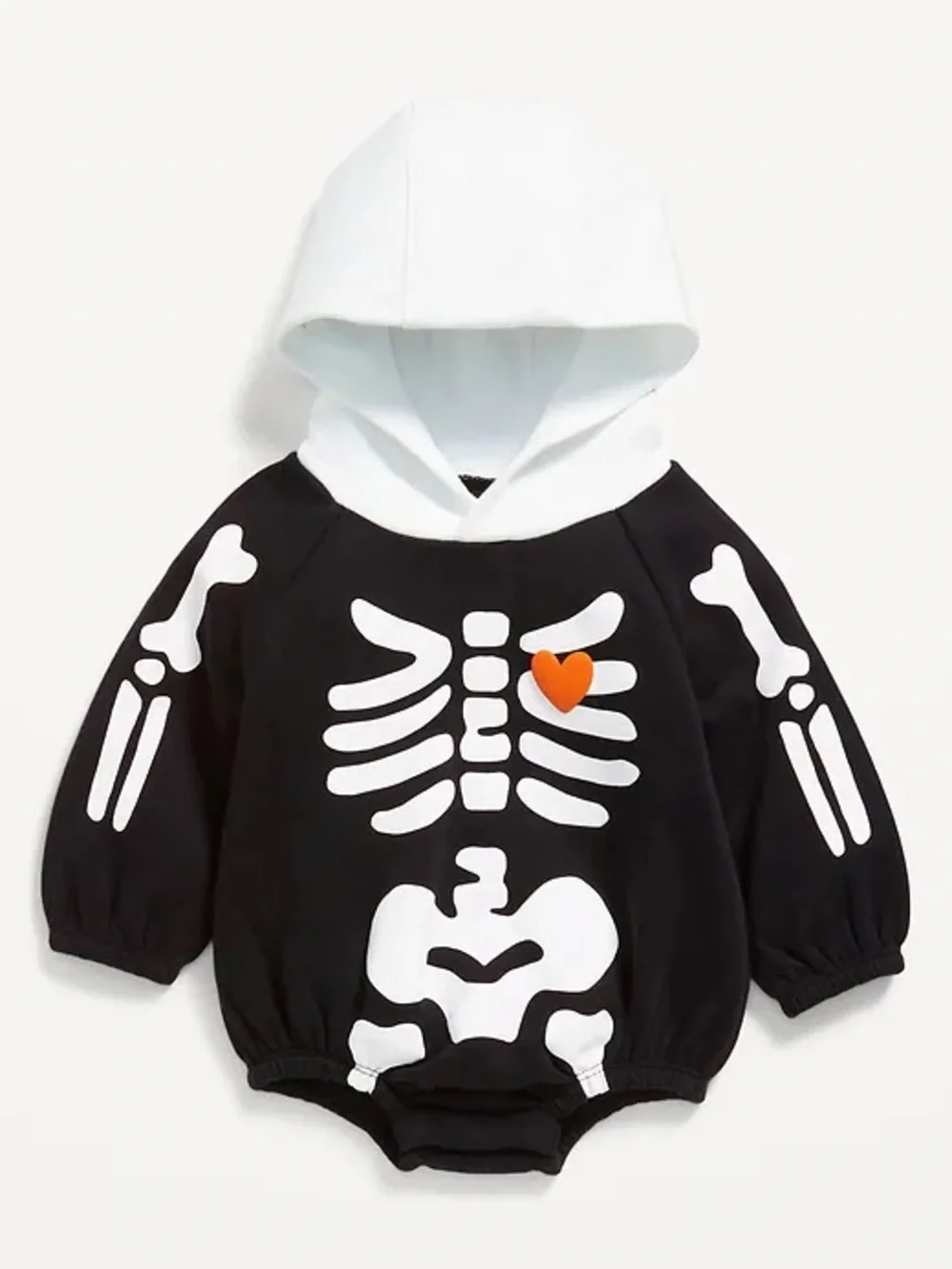 Old Navy Black and White Skeleton Hoodie Romper with Orange Heart